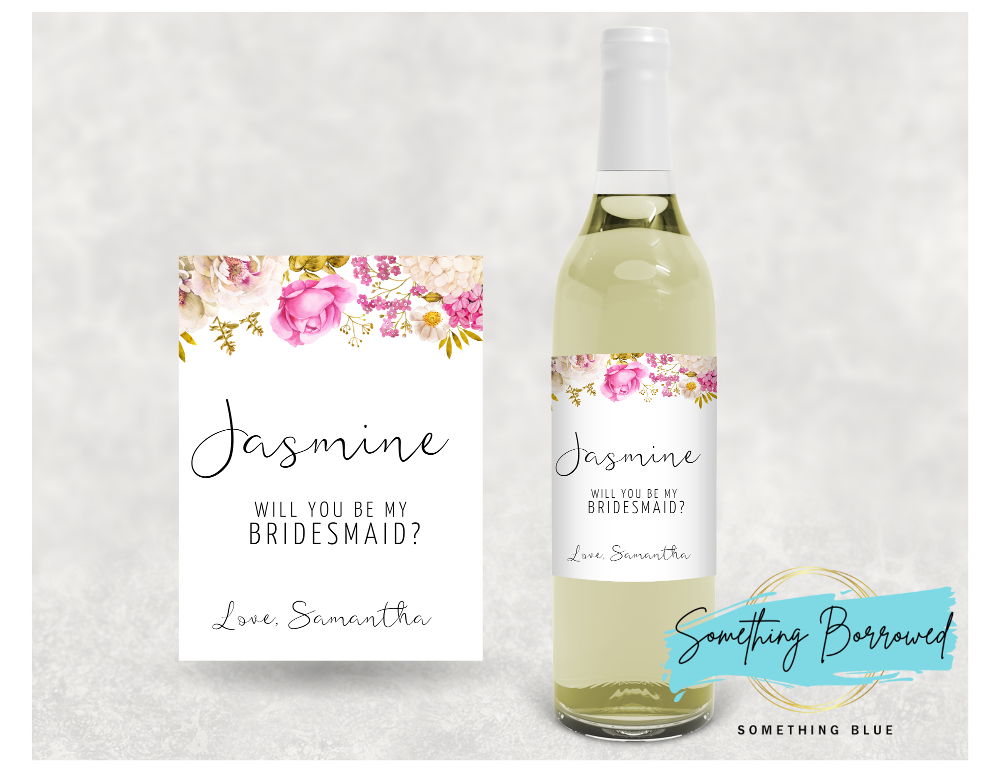 Bridal Party Proposal Wine Label Pink Floral - Something Borrowed Something Blue