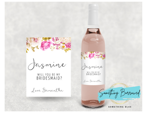 Bridal Party Proposal Wine Label Pink Floral - Something Borrowed Something Blue